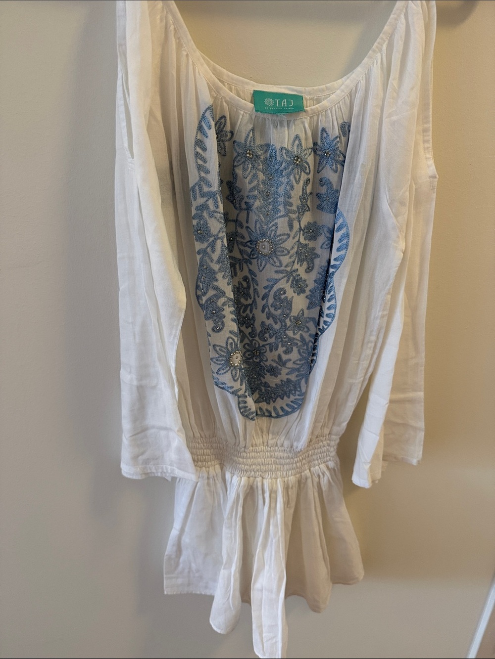 Taj by Sabrina Crippa Long Sleeve Open Shoulder Embroidered Dress/Cover Up.